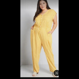 Modcloth Instantly Easygoing Yellow Striped Jumpsuit